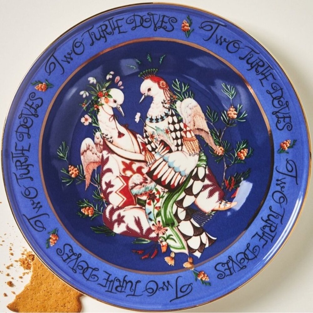 Anthropologie Phannapast 12 Days Christmas Stoneware Desert Plate 2 Turtle Doves